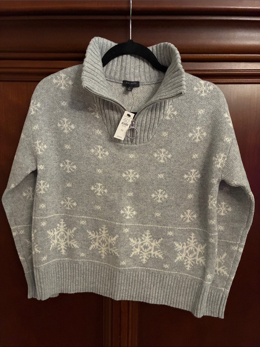 Talbots Womens Light Gray Snowflake Zip-Up Funnel Neck Sweater